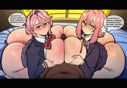 dandadan 100_kanojo kimi_no_koto_ga_dai_dai_dai_dai_daisuki_na_100-nin_no_kanojo hanazono_hakari shiratori_aira_(dandadan) 2girls 1girls dark-skinned_male light-skinned_female interracial male female double_paizuri paizuri big_breasts big_ass schoolgirl school_uniform pink_hair blush on_bed sweaty hands_on_breasts ai_generated novelai analover21 english_text text_bubble crossover