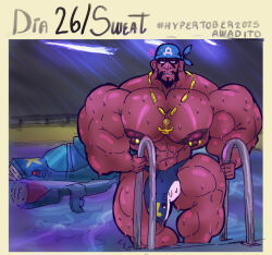male male_only bara muscles muscular nintendo pokemon team_aqua archie_(pokemon) facial_hair beard headkerchief penis balls solo solo_male awadito flaccid bulge sweat sweating nipple_piercing