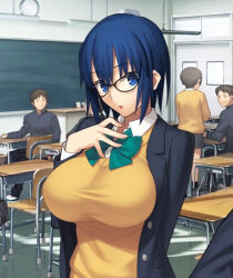 breast_expansion edit huge_breasts breast_focus big_breasts tsukihime tsukihime_(remake) ciel_(tsukihime) official_art screenshot third-party_edit 1girl alternate_breast_size_(larger) blue_eyes blue_hair breasts large_breasts short_hair glasses