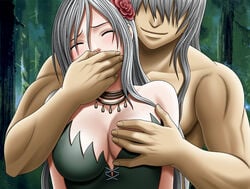 1boy 1girls blush breast_grab closed_eyes crimson_comics faceless_male female forest forest_background forest_sex grey_hair hand_over_another&#039;s_mouth human male muscular outdoors rape smirk straight topless