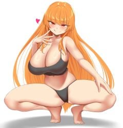 squatting nobunagapero peronattu orange_hair orange_eyes big_breasts black_bra long_hair plump_thighs black_panties white_background looking_at_viewer legs_spread thighs_spread tongue_out seductive_look seductive_smile female_only heart