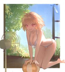 o_taku tsukihime arcueid_brunestud absurdres commentary highres untranslatable_commentary 1girl ball bikini blonde_hair blue_bikini border breasts electric_fan open_mouth red_eyes short_hair smile solo swimsuit tree white_border window
