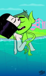 1boy 1girls accurate_art_style aquaphilia barefoot beast_boy breast bubbles canon_couple cartoon_network dc dc_comics feet female garfield_logan male moaning nipple nude outside pancakemckennz partially_submerged partially_underwater_shot pool rachel_roth raven_(dc) sex sideboob skinny_dipping supermirukuu teen_titans teen_titans_go underwater underwater_sex warner_brothers water wet