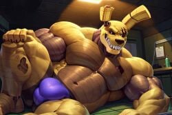 buff_male animatronic_male bulge laying_on_side cinematic_lighting, ai_generated fnaf five_nights_at_freddy's springtrap_(fnaf) springtrap_(kidde_jukes) purple_underwear belly muscles