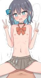 ... 1boy 1girl @_@ absurdres black_hair blue_bow blue_eyes blue_hair blush bow bowtie breasts cat_choker collarbone colored_inner_hair commentary_request condom cowgirl_position crossed_bangs double-parted_bangs double_v fang grey_skirt hair_between_eyes hair_bow hetero highres looking_at_viewer medium_hair miniskirt miyamai_moca motion_lines multicolored_hair navel nipples open_mouth pleated_skirt pov red_bow red_bowtie sasapi sex sidelocks simple_background skin_fang skirt small_breasts solo_focus spread_legs stomach straddling streaked_hair sweat used_condom used_condom_in_clothes v voicepeak white_background