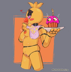 animatronic anthro avian beak bib bird bottomless breasts chica_(fnaf) chicken classic_chica_(fnaf) clothed clothing clothing_lift cupcake female five_nights_at_freddy's food galliform genitals heart_symbol hi_res looking_at_viewer machine metallic_body mostly_nude nipple_outline nipples notsafeforwanking phasianid plate presenting presenting_breasts purple_eyes robot scottgames shirt shirt_lift solo standing text topwear vulva