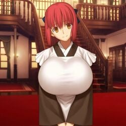 1girl alternate_breast_size_(larger) blue_bow breast_expansion breasts_bigger_than_head hair hair_bow huge_breasts japanese_clothes kimono kohaku_(tsukihime) large_breasts maid official_art pink pink_hair red_hair screenshot solo third-party_edit tsukihime tsukihime_(remake) yellow_eyes