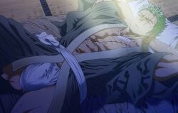 1boy abs arms_up balls_under_clothes bare_breasts belt big_bulge bright_light bulge bulge_through_clothing collarbone dust_particles earrings edited frown fundoshi futon gay genital_outline green_hair half-closed_eyes hands_behind_head hi_res japanese_clothes japanese_room kimono legs_apart looking_away lying lying_on_back lying_on_bed male male_only manly mature_male muscles muscular muscular_legs muscular_male muscular_thighs narrowed_eyes navel one_eye_closed one_piece open_clothes peanuts4343 pecs pillow post-timeskip pubic_hair_peek rokushaku_fundoshi roronoa_zoro scar scar_across_eye scar_on_chest scar_on_face scar_on_stomach short_hair six_pack solo sunlight tatami tough_guy v-shaped_eyebrows waking_up white_fundoshi yaoi yukata