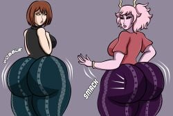 2girls ass ass_focus big_ass big_butt blueartfiend boku_no_hero_academia boobs breasts brown_hair butt clothed clothed_female female flare_pants forbidden_pants large_ass large_butt mina_ashido my_hero_academia ochako_uraraka pink_hair post-timeskip shonen_jump thick_ass thick_thighs thighs