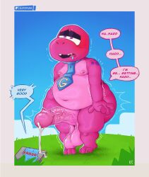 absurd_res accessory anthro balls belly big_butt big_penis blush bodily_fluids butt chubby_cheeks cum cum_drip cum_on_penis curious dialogue dialogue_box dinosaur dripping electronics erection excited fatty_humps gameoverse genital_fluids genitals gesture glass glitch_productions gobbles_(gameoverse) handshake happy heavy_balls hi_res huge_penis hyper hyper_genitalia hyper_penis katxfish looking_pleasured magenta_body magical_stimulation male narrowed_eyes navel necktie nipple_dip nipples nude open_mouth orgasm outside overweight penis prehistoric_species red_face reptile saliva scalie shake_lines shaking shaking_butt shaking_head shaking_hips shaking_legs shaking_orgasm shaking_penis slightly_chubby solo speech_bubble spiked_penis spikes spikes_(anatomy) surprised tablet thick_thighs trembling trembling_for_pleasure
