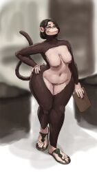 2025 5_fingers 5_toes agnes_(redustheriotact) anthro areola breasts brown_body brown_eyes brown_fur brown_hair clipboard clothing colored_nails digit_ring ear_piercing eyewear feet female fingers footwear footwear_only fur genitals glasses hair hand_on_hip haplorhine hi_res holding_clipboard holding_object humanoid_feet jewelry lips looking_at_viewer mammal mature_female monkey mostly_nude nails navel nipples piercing plantigrade primate raised_heel rectangular_glasses red_nails redustheriotact ring sagging_breasts sandals sandals_only shoes smile smiling_at_viewer solo standing tail thick_bottom_lip thick_thighs toe_ring toes vulva wide_hips wrinkles