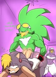 1boy 2girls anthro anthro_female anthro_male anthro_on_anthro ass beak bent_over bernadette_hedgehog big_ass big_butt blue_eyes clapping_cheeks dialogue doggy_style drooling eulipotyphlan fat_ass female fur furry furry_female furry_male gloves green_fur hawk hedgehog jet_the_hawk large_ass male mammal milf mother pink_eyes sega sonic_(series) sonic_the_hedgehog_(archie) sonic_the_hedgehog_(comics) sonic_the_hedgehog_(series) sparrow_(bird) susknuckles text wave_the_swallow