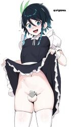 1boy absurdres bigppea black_hair blue_eyes blue_hair chastity_cage clothes_lift dress dress_lift femboy flat_chastity_cage frilled_dress frills genshin_impact groin highres maid medium_hair navel open_mouth pea_(vaultboy503) short_sleeves sidelocks skindentation small_chastity_cage solo solo_male standing stomach testicles thighhighs venti_(genshin_impact) white_thighhighs
