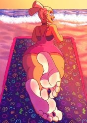 1girls absurdres babe barefoot bcm13 beach beach_towel best_feet best_girl blonde_hair countershade_feet cute_female_feet feet female_focus female_only foot_fetish foot_focus foot_play foot_worship happy_female highlighted_soles highres looking_at_viewer mayday_(no_straight_roads) no_straight_roads ocean orange_skin pink_eyes presenting_feet rocker_chick rocker_girl sexy_feet showing_feet smiling_at_viewer soles soles_fetish solo_female sunny sunset toes two_tone_feet