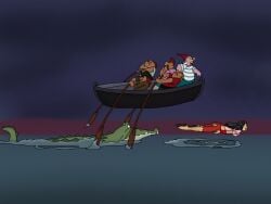 1girls ass ass_visible_through_clothes barefoot black_hair boots captain_hook cleavage comeuppance crocodile damsel_in_distress disney_villains fair_skin genderswap genderswap_(mtf) green_eyes hook hook_hand imminent_vore indecentlasses long_hair mshook multiple_boys oar ocean one_shoe one_sock peril peter_pan_(disney) pirate pirate_girl prone reptile rowboat rule_63 sitting smee socks tick-tock tick_tock tick_tock_crocodile torn_clothes torn_pants torn_shirt villainess water