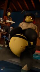 3d_(artwork) 4k 9:16 absurd_res antennae_(anatomy) anthro arthropod bath bee big_breasts breasts digital_media_(artwork) donglysfm duo female genitals hi_res hymenopteran insect inside lidded_eyes mature_female mayternity mayternity_2026 neck_tuft nipples nude pregnant pregnant_female queen_beatrice_(donglysfm) queen_bee revamped_anthros source_filmmaker_(artwork) tuft vulva