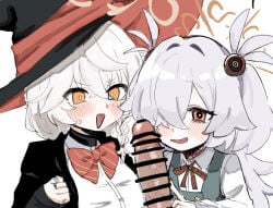 1boy 2girls bar_censor blue_archive blush bow bowtie censored erection eri_(blue_archive) fami_miminmin ffm_threesome grey_hair group_sex hair_over_one_eye halo hat hetero kanoe_(blue_archive) looking_at_penis looking_at_viewer multiple_girls open_mouth orange_eyes orange_halo penis red_bow red_bowtie shirt smile threesome white_hair white_shirt witch_hat yellow_eyes
