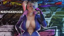 1girls 3drendernoob abs batman_(series) cleavage crossover_cosplay dc dc_comics eyepatch harley_quinn harley_quinn_(injustice) injustice_2 juri_han_(cosplay) large_breasts latex_suit lollipop pigtails solo solo_female street_fighter_6 tagme wet_skin