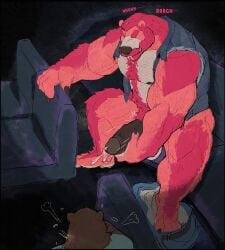 anthro arm_tuft barefoot bear belly_tuft biped blue_clothing blue_shirt blue_topwear blush bodily_fluids brown_nipples brown_penis chest_tuft claws clothed clothing duo erection feet fur genital_fluids genitals grunting hand_on_penis hand_on_seat hi_res jeans_around_ankles leg_tuft male mammal marius_tygo masturbation movie_theater multicolored_body multicolored_fur musclegut muscular muscular_anthro muscular_male nipples open_clothing open_shirt open_topwear penile penile_masturbation penis pink_body pink_fur precum rex_(furrybeefrex) saliva seat shirt showing_teeth slightly_chubby slightly_chubby_anthro slightly_chubby_male t-shirt teal_clothing teal_shirt teal_topwear teeth text throbbing throbbing_penis topwear tuft twitching two_tone_body two_tone_fur vein veiny_arms veiny_penis