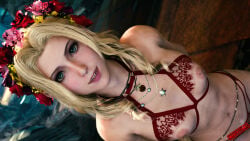 3d 3d_(artwork) aerith_gainsborough blonde_hair breasts female female_only final_fantasy final_fantasy_vii final_fantasy_vii_remake flowers_in_hair functionally_nude green_eyes lingerie looking_at_viewer mod navel nipples small_breasts smile watermark
