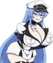 1female 1girl 1girls akame_ga_kill! bending_over big_boobs big_breasts big_thighs black_sleeves blue_eyes blue_hair breasts breasts_bigger_than_head buttons cap cel_shading crossed_arms curvy curvy_body curvy_female curvy_figure esdeath esdeath_(akame_ga_kill!) focus_on_chest glossy half_body hands_between_breasts huge_breasts huge_thighs long_sleeves looking_at_viewer military_hat military_uniform pockets smug smug_expression smug_face solo solo_female solo_focus standing standing_position tattoo tattoo_on_chest teeth thick thick_thighs tits tits_bigger_than_head tits_focus white_background white_body white_skin white_uniform