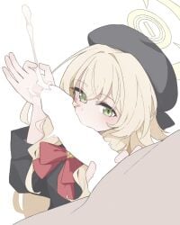 1girl 5_108a black_hat black_jacket blank_censor blonde_hair blue_archive blush bow bowtie censored commentary_request crossed_bangs cum fellatio fluffy_hair green_eyes hair_between_eyes halo handjob hat hetero highres jacket large_penis long_hair long_sleeves motion_lines oral penis professor_niyaniya_(blue_archive) projectile_cum red_bow red_bowtie sidelocks simple_background solo_focus upper_body white_background yellow_halo
