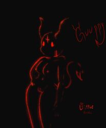 black_body breasts character_name cross demon female genitals glowing glowing_eyes glowing_genitalia glowing_vulva guuppy hi_res humanoid hybrid inverted_cross littlemeanie outline red_eyes red_glow shadow shadow_creature signature solo standing tail text vulva