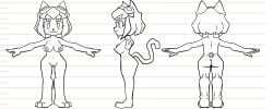 1girl solo anthro furry cat_girl kit_(gameoverse) gameoverse big_breasts breasts nipples nude model_sheet character_sheet reference_sheet multiple_views front_view side_view back_view brown_hair cat_ears cat_tail goggles pink_eyes wide_hips thick_thighs large_ass pussy melonmiloc fanart nsfw glitch_productions edited_official_artwork edit