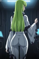 1girl ai_generated ass bodysuit c.c. code_geass digitalwaifugallery from_behind green_hair hi_res high_quality high_resolution indoors long_hair long_sleeves patreon seductive sexy solo standing straitjacket uncensored watermark white_bodysuit wide_sleeves yellow_eyes