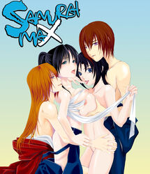 2boys 2girls ashimo big_breasts black_hair blue_eyes breast_squeeze breasts dual_persona female green_eyes hair_ribbon hakama human japanese_clothes kaoru_kamiya kenshin_himura large_breasts long_hair male multiple_boys multiple_girls nipples nude open_mouth orange_hair pale-skinned_female pale_skin ponytail purple_eyes red_hair rurouni_kenshin saliva sarashi scar short_hair shounen_jump symmetrical_docking tied_hair tongue