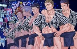 6+boys 6boys abs bara beard_stubble beefy black_fundoshi black_hair blonde_hair blue_hair buzz_cut collarbone crowd daddy dilf etchu_fundoshi festival fundoshi gay grey_hair group hachimaki hand_on_another's_shoulder hand_on_waist happi_(clothing) headband hi_res hunk japanese_clothes looking_at_viewer manly mature_male mikoshi muscles muscular muscular_arms muscular_legs muscular_male muscular_neck muscular_thighs navel night no_body_hair no_visible_genitalia original original_character pecs pelvic_curtain quadriceps red_hair saragi_domu shaved_side short_hair sideburns six_pack smile smirk standing take_your_pick tough_guy very_high_resolution victory_pose white_hair yaoi