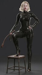 3d 3d_model 3d_render ai_generated bdsm_outfit black_latex boot_fetish boots dominant_female dominatrix femdom grace_ashcroft harness latex latex_catsuit mistress resident_evil_9:_requiem riding_crop white_hair