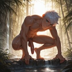 ai_generated barefoot bathing big_penis blue_eyes crouching gay jack_frost jack_frost_(rise_of_the_guardians) kneeling male male_feral muscular_male naked nude_male outdoors pale-skinned_male pond rise_of_the_guardians smiling_at_viewer summer sunny sweaty_body sweaty_feet wet white_hair yaoi