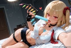 flandre_scarlet touhou ai_generated kermixx 1girl solo breasts looking_at_viewer blush open_mouth bangs blonde_hair large_breasts shirt hair_ornament red_eyes gloves navel cleavage underwear panties white_shirt heart lying food wings shorts choker tongue black_gloves midriff indoors tongue_out fingerless_gloves bra covered_nipples wet see-through short_shorts bed skindentation thigh_strap on_bed one_side_up highleg on_side thigh_gap scrunchie wet_clothes popsicle crystal highleg_panties wet_shirt dripping micro_shorts melting spilling