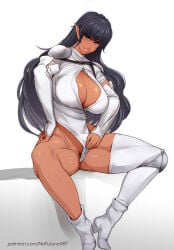 nofuture hi_res white_background bastard!! arshes_nei 1girls female female_only solo looking_at_viewer smiling smiling_at_viewer dark_skin dark-skinned_female elf elf_ears elf_female dark_elf black_hair long_hair sitting blue_eyes narrowed_eyes pointy_ears big_breasts boob_window thick_thighs toned toned_female fit fit_female heel_boots single_thighhigh pubic_hair