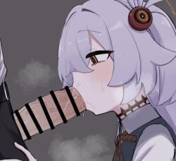 1boy 1girl bar_censor black_choker blue_archive bow bowtie brown_eyes brown_halo censored choker diagonal-striped_bow diagonal-striped_bowtie diagonal-striped_clothes dress fami_miminmin fellatio grey_hair hair_between_eyes halo hetero highres kanoe_(blue_archive) long_hair looking_to_the_side multicolored_eyes oral penis pinafore_dress saliva short_twintails simple_background sleeveless sleeveless_dress steam striped_bow striped_bowtie striped_clothes twintails two-tone_eyes upper_body veins