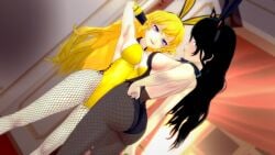 rwby logang45 yang_xiao_long blake_belladonna 2girls canon_couple half-dressed half_naked half_naked_female blonde_hair blonde_female black_hair black_hair_female long_hair long_hair_female purple_eyes yellow_eyes pose posing robotic_arm