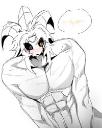 flustered flustered_male horns long_hair muscular muscular_arms muscular_male pale-skinned_male pale_body pale_skin pierrot_(the_freak_circus) pom-pommie pompommie solo solo_focus solo_male sweat sweatdrop sweating sweaty_face the_freak_circus yellow_eyes