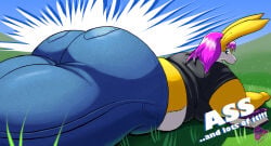 kazecat jiggly_(kazecat) lying_on_stomach grass_field solo_female huge_ass bunny_girl bunny_ears jeans