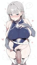 ai_generated ai futanari 1futa lawine_(sousou_no_frieren) sousou_no_frieren frieren_beyond_journey's_end grey_hair long_hair french_braid blue_eyes blunt_bangs :o steam steam_from_mouth sweat very_sweaty sweatdrop looking_at_viewer blush nose_blush blush_lines alternate_breast_size large_breasts curvy leotard blue_leotard sleeveless frills frilled_collar sideboob covered_nipples puffy_nipples skindentation thigh_boots lace-up_boots white_footwear leotard_aside clothing_aside bridal_gauntlets grey_gloves highleg penis veiny_penis testicles huge_testicles pubic_hair female_pubic_hair mismatched_pubic_hair excessive_pubic_hair standing thighs erection precum precum_drip hand_on_own_chest simple_background white_background heart floating_hearts spoken_question_mark spoken_ellipsis steaming_body motion_lines
