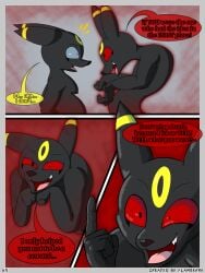 absurd_res anthro black_body black_fur breasts canid canine comic dialogue digital_drawing_(artwork) digital_media_(artwork) duo eeveelution english_text female flamberry_(artist) fur generation_2_pokemon hi_res ibispaint_(artwork) inflation insane looking_at_viewer mammal nintendo nipples nude open_mouth pokemon pokemon_(species) red_eyes simple_background smile solo speech_bubble teeth text umbreon unomia_venizee_flare_(flamberry)