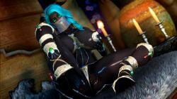 green_eyes dark_skin dark-skinned_female oiled_skin draenei draenei_female skyrim world_of_warcraft solo_female female 1girls sexy big_breasts jewelry blue_hair dark_nipples face_markings lipstick hooves thick_thighs looking_at_viewer horns