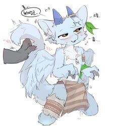 1:1 2025 2_horns anthro anthro_focus armband aroused biped blue_body blue_fur blue_horn bodily_fluids bone bone_necklace bottomwear brown_bottomwear brown_clothing brown_eyes cel_shading cheek_tuft clothed clothed_anthro clothed_male clothing cum cum_drip cum_in_clothing cum_through_clothing dialogue digital_drawing_(artwork) digital_media_(artwork) disembodied_hand dragon dripping duo ejaculation facial_tuft fluffy_wings fur fur_tuft furred_dragon furred_scalie genital_fluids half-closed_eyes hands-free head_tuft hi_res horn jewelry kneeling korean_text legband loincloth male male_anthro male_focus monotone_body monotone_fur mythological_creature mythological_scalie mythology narrowed_eyes necklace onomatopoeia scalie shaded simple_background slim slim_anthro slim_male solo_focus sound_effects speech_bubble tail_petting tenting text three-quarter_view topless topless_anthro topless_male tuft vitame83 wet wet_clothing white_background winged_dragon