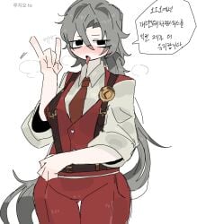 1girl 1girls blowjob_gesture blush blush_lines blushing blushing_at_viewer blushing_female cameltoe clothed dialogue female female_focus female_only fully_clothed genderswap genderswap_(mtf) limbus_company long_hair looking_at_viewer lucio_(limbus_company) mtf_crossgender project_moon rule_63 says solo solo_female solo_focus steam steamy_breath suggestive_gesture suggestive_look talking talking_to_viewer text tongue tongue_out voluptuous voluptuous_female white_hair