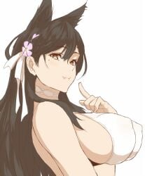 1girls animal_ears atago_(azur_lane) atago_(summer_march)_(azur_lane) azur_lane bikini black_hair breasts brown_eyes choker closed_mouth commentary covered_erect_nipples extra_ears female_focus flower from_side hair_flower hair_ornament hashimoto_(frog_flag) index_finger_raised large_breasts long_hair mole mole_under_eye ribbon sideboob solo swept_bangs swimsuit white_bikini white_ribbon