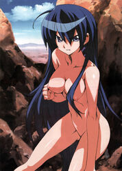 1girls ahoge angry ass beach blue_eyes blue_hair breasts erect_nipples eve_neuschwanstein legs long_hair looking_at_viewer needless nipples nude nude_filter photoshop pussy solo uncensored white_skin