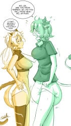 indie_virtual_youtuber crelly kokonuts cow_girl monkey_girl cow_tail monkey_tail diaper yuri cow_ears monkey_ears cow_horns sketchmandl cowbell onesie breasts blonde_hair green_hair dark_skin dark-skinned_female light_skin light-skinned_female 2girls animal_ears thighs virtual_youtuber dialogue speech_bubble