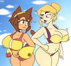 2girls anthro anthro_female anthrofied bikini blonde_hair cleavage female female_only fur furry_female gameoverse glitch_productions kit_(gameoverse) kit_bodega light-skinned_female light_skin miss_information_(gameoverse) znixye