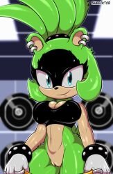 2025 afrosoricid anthro artist_name big_breasts black_nose blue_eyes bodily_fluids bracelet breasts cleavage clothed clothing ear_piercing ear_ring eyelashes female fur genitals gloves green_body green_fur green_hair gym hair handwear hi_res idw_publishing inside jewelry long_hair looking_at_viewer mammal multicolored_body multicolored_fur navel piercing ring ring_piercing sega sheecktor shirt smile solo sonic_(series) sonic_the_hedgehog_(comics) sonic_the_hedgehog_(idw) sonic_the_hedgehog_(series) studded_bracelet studded_hair_tie studded_jewelry studs surge_the_tenrec sweat tan_body tan_fur tank_top tenrec text topwear two_tone_body two_tone_fur vulva weights