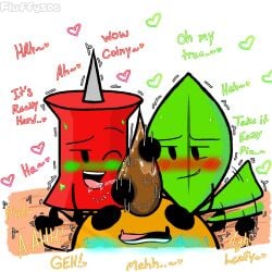 2girls1boy battle_for_dream_island coinpinleaf coiny coiny_(bfdi) fuzzy_fluffs hand_on_penis handjob leafy_(bfdi) object_show object_shows pin_(bfdi) saliva_on_penis saliva_on_tongue threesome threesome_handjob